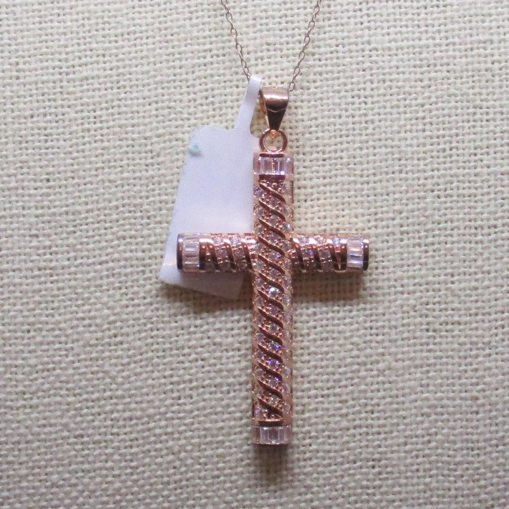Simulated Diamond Cross Pendant Necklace (18 in) in 14K RG OverSterling Silver